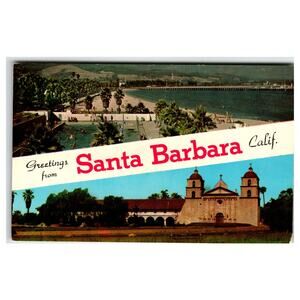 Greetings Santa Barbara Calif Mission Beach Chrome Postcard CA